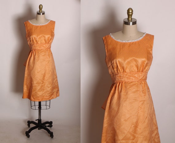 Late 1960s Early 1970s Peach Pink Orange Velvet Swiss Dot Sleeveless Bow Back Dress -M