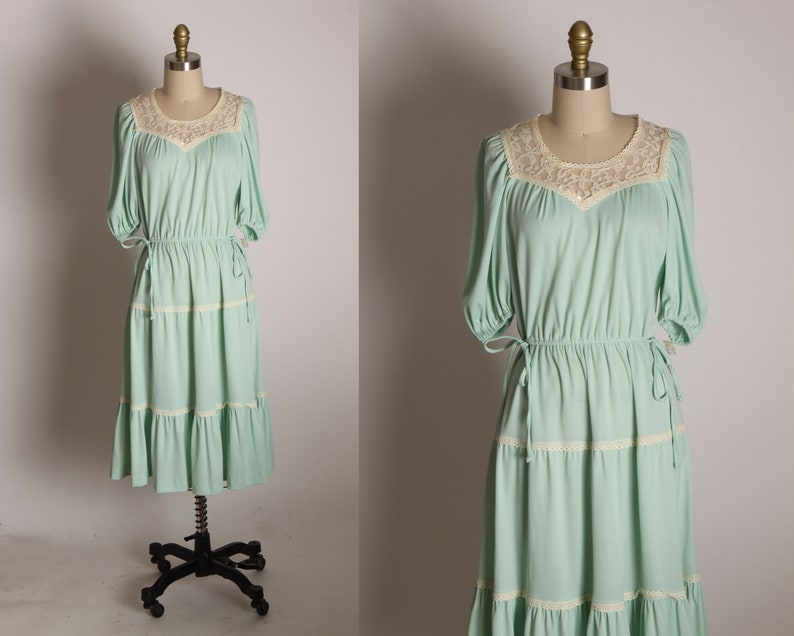 Deadstock 1970s Light Blue Green Mint Seafoam Half Sleeve shops Lace Tiered Ruffle Hem Prairie Cottagecore Dress by JCPenney Fashions -L