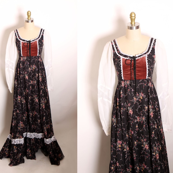 1970s Gunne Sax Long Sleeve Maxi Dress with Faux Corset Laced Bodice