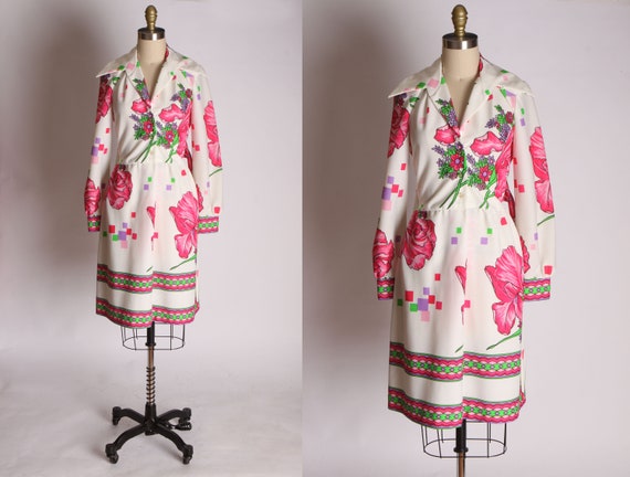 Early 1970s White Polyester Floral Border Print Lo