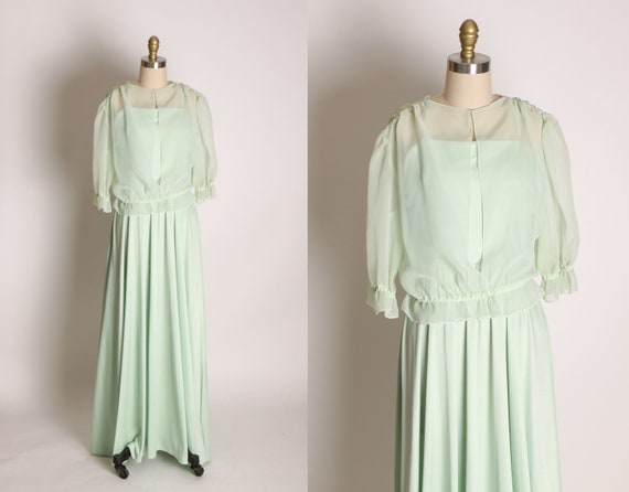 1970s Light Green Spaghetti Strap Full Length Dress with Matching Sheer Chiffon Jacket Two Piece Prom Formal Dress -S
