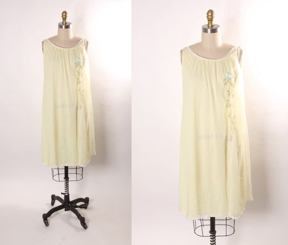 1950s 1960s Yellow, Green and Blue 3D Flower Floral Nylon Lingerie Night Gown by Nan Flower -L