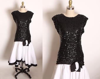 1980s Black and White Short Sleeve Sequin Bodice Drop Waist Ruffle Asymmetrical Formal Pageant Prom Dress by Precious Moments -XL