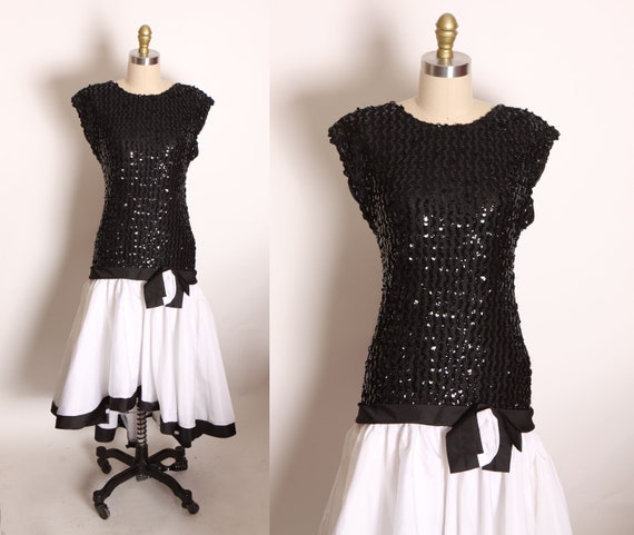 1980s Black and White Short Sleeve Sequin Bodice Drop Waist Ruffle Asymmetrical Formal Pageant Prom Dress by Precious Moments -XL