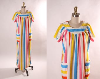 1970s White and Rainbow Striped Short Sleeve Pocketed Ankle Length Dress-S