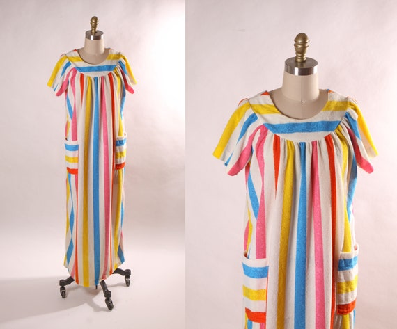 1970s White and Rainbow Striped Short Sleeve Pocketed Ankle Length Dress-S