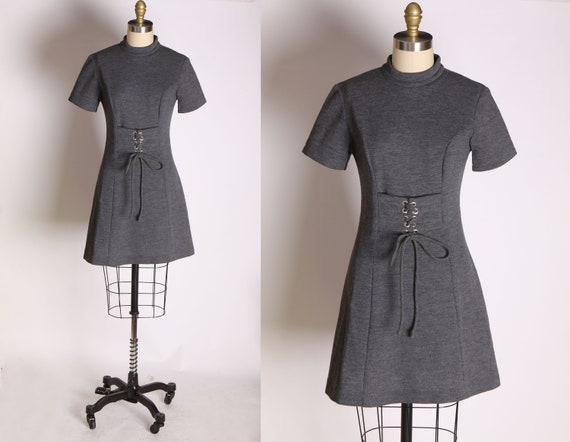 1960s Dark Gray Short Sleeve Lace Up Corset Style Mini Dress -S