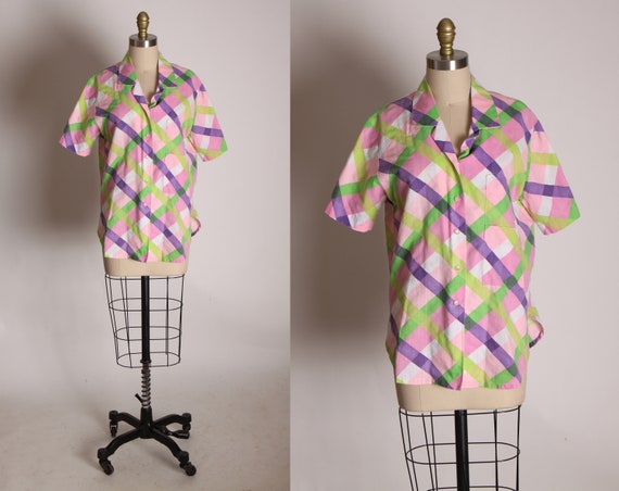 1960s Pink, Purple, Green and White Plaid Short Sleeve Button Up Shirt Blouse -L