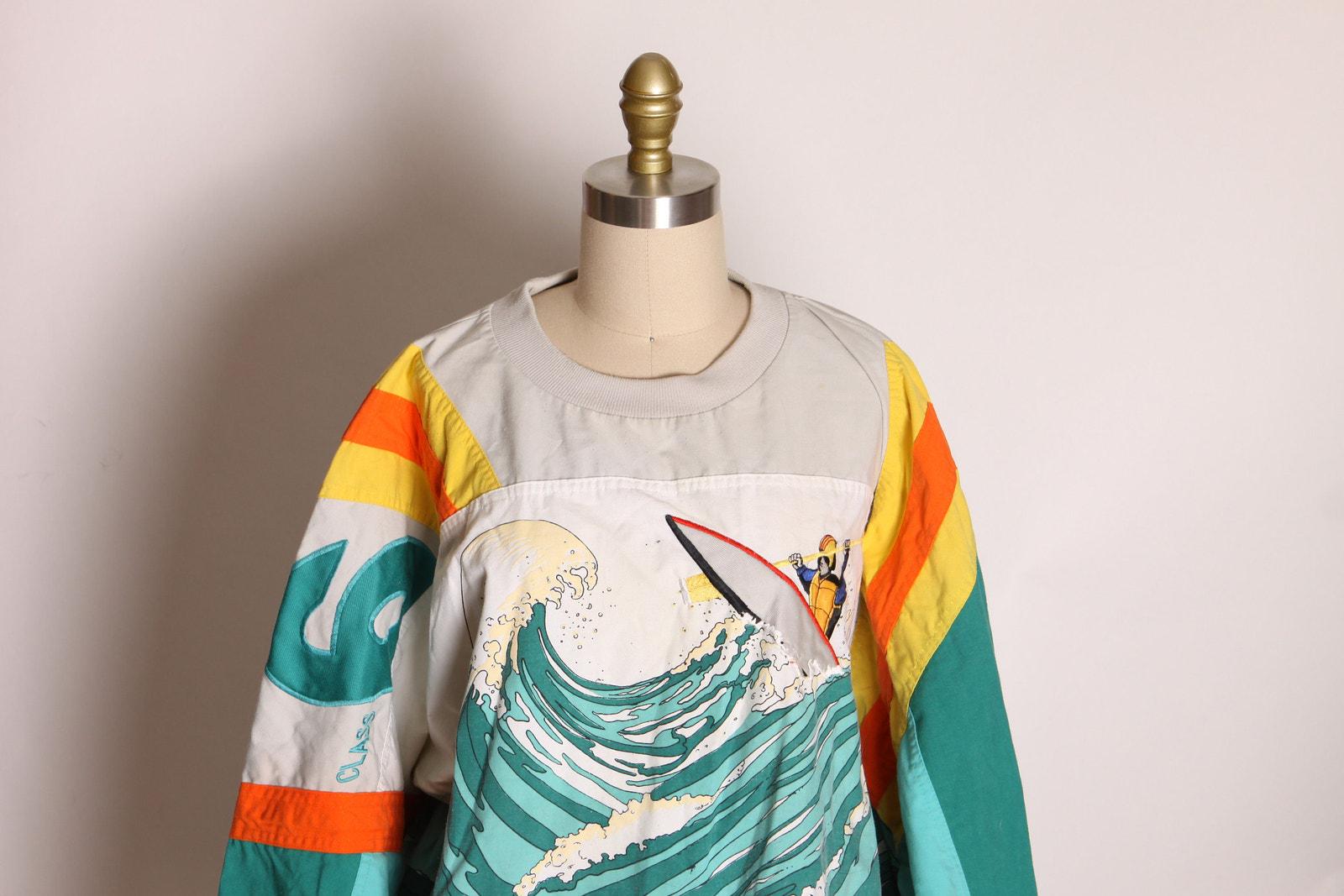 1980s Teal Blue Green, Tan and Orange Long Sleeve Novelty Wave