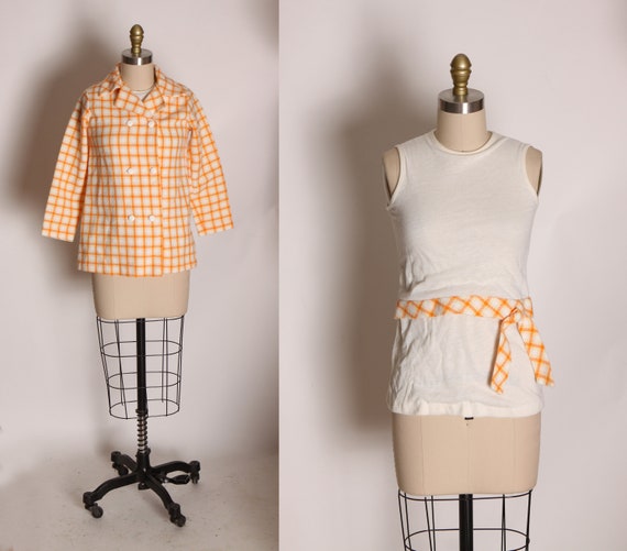 1960s Orange and Cream Plaid 3/4 Length Jacket with Matching Sleeveless Blouse by Montgomery Ward -XS