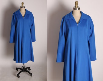 1970s Regal Blue 3/4 Length Sleeve Below the Knee Formal Zip Up Dress -1XL