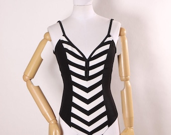 Vintage Cole of California Swimsuit – 1980s Black & White Striped One Piece, S
