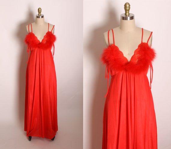 1970s Red Fuzzy Marabou Feather Trim Spaghetti St… - image 1