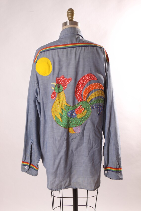 1970s Denim Chambray Long Sleeve Rainbow Striped … - image 9