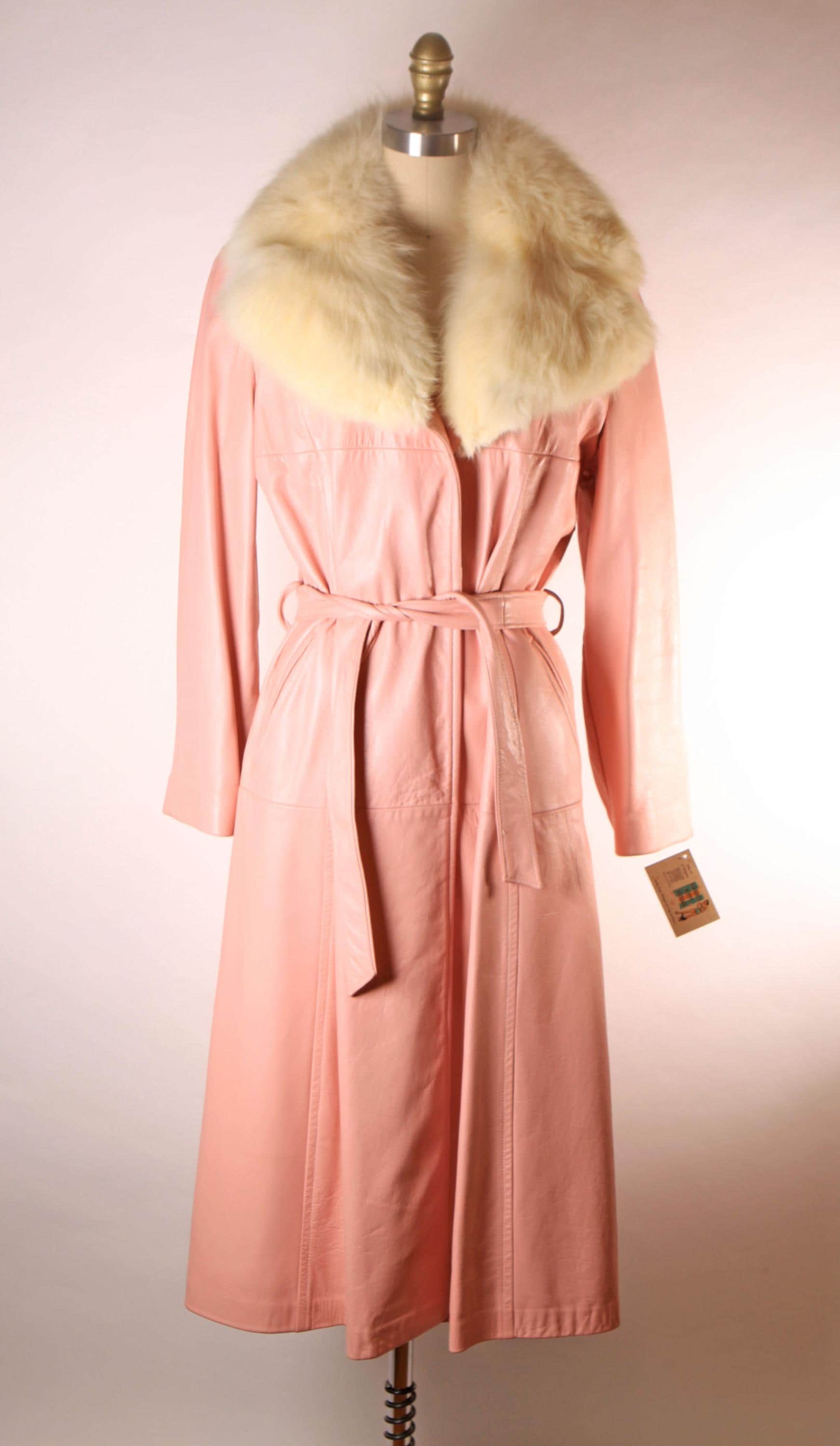 1970s Light Pink Leather Cream Fox Fur Collar Belted Trench Coat