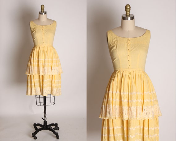 1950s Yellow and White Gingham Pattern Eyelet Lace Ruffle Tiered Sleeveless Cottagecore Prairie Dress by Junior House Milwaukee -XS