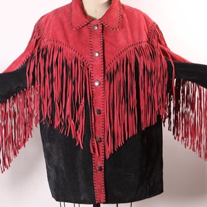 1980s Red and Black Suede Leather Fringe Long Sleeve Metal Snap Western Cowgirl Jacket Coat by Bob Mackie L image 4