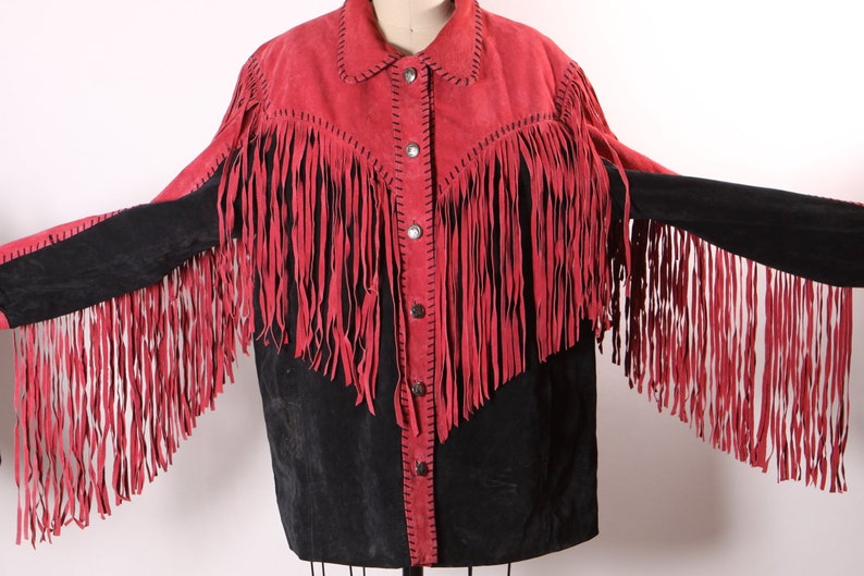 1980s Red and Black Suede Leather Fringe Long Sleeve Metal Snap Western Cowgirl Jacket Coat by Bob Mackie L image 4