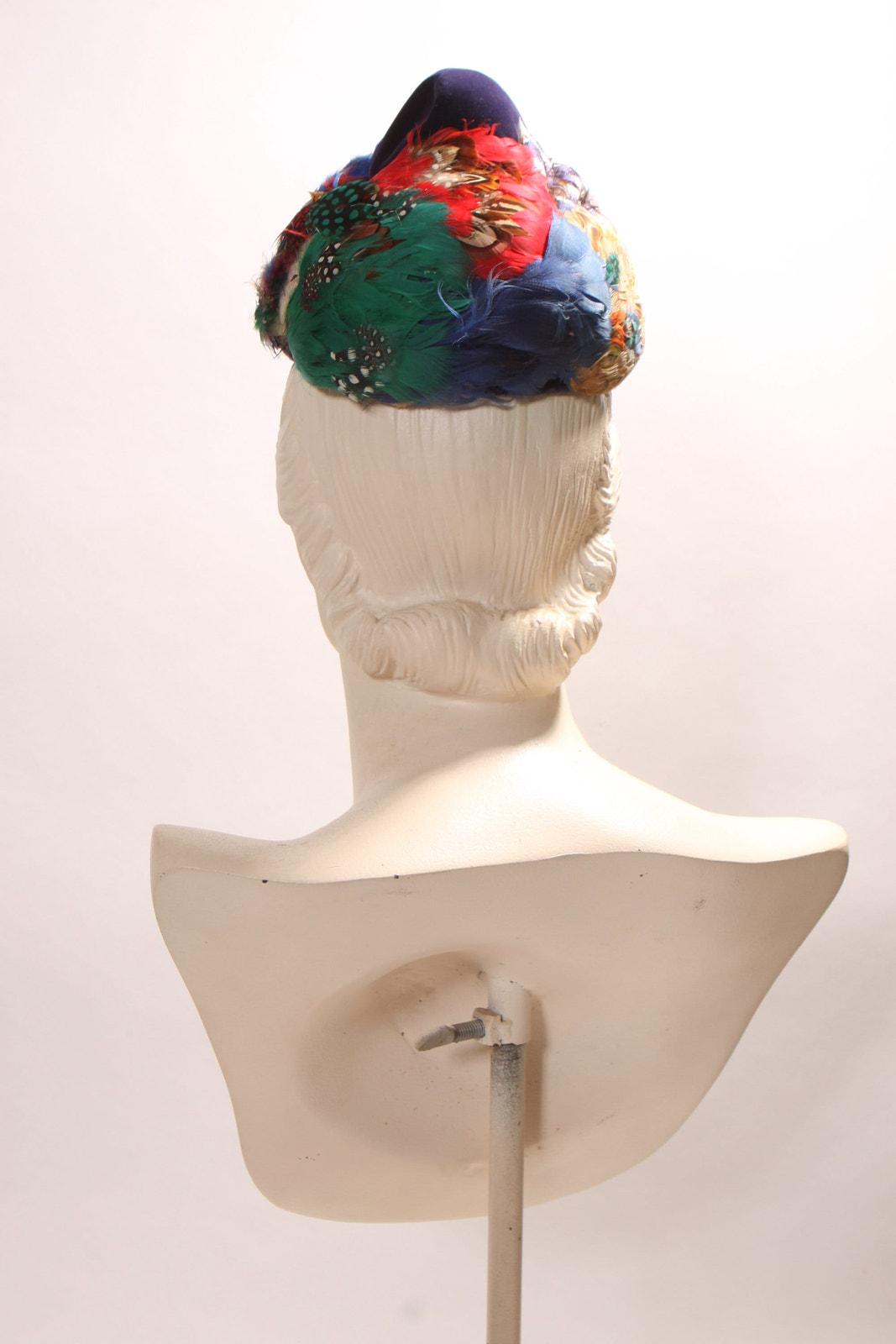 Vintage One of a Kind Green Multi Colored Feather Montaldo’s Rivera Hat 1950s 1960s Multi-colored Feather Pointed Top Formal Hat by  main image 2