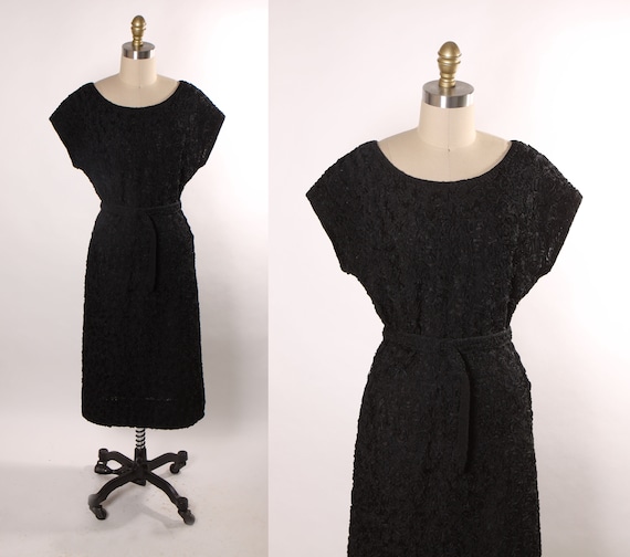 1960s Black Soutache Ribbon Floral Style Trim Short Sleeve Formal Dress -L