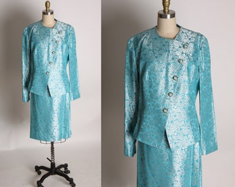 1960s Blue Brocade Blouse and Skirt Two Piece Skirt Suit Outfit-L