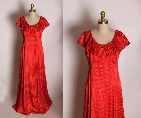 1970s Red and White Polka Dot Ruffle Neckline Floor Length Formal Prairie Dress -M