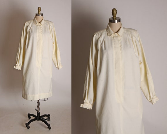 1970s Cream Long Sleeve Button Up Bodice Sheath Dr