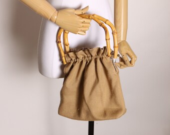 1970s Tan and Brown Bamboo Wooden Handle Fabric Handbag Top Handle Purse