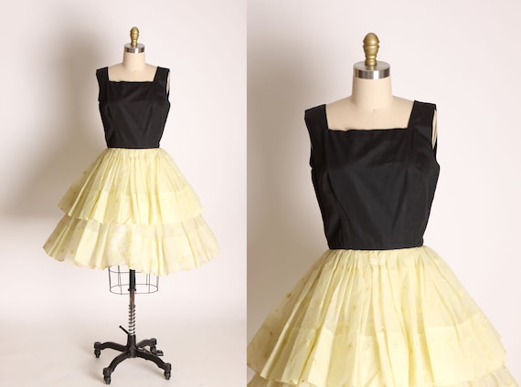 1950s Black Cotton Sleeveless Bodice Sheer Cream Yellow Tiered Ruffle Dress -S
