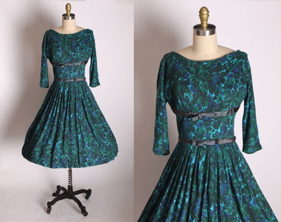 1950s Blue and Dark Green Floral Flower Print Bow Detail Drop Waist Dress -S
