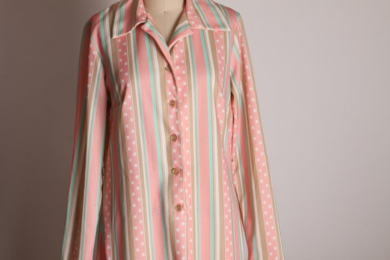 1970s Pastel Pink, Green, White and Tan Long Slee… - image 5