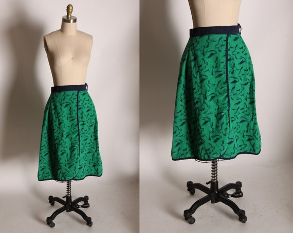1970s Green and Navy Blue Novelty Flying Duck Goose Corduroy Wrap Skirt