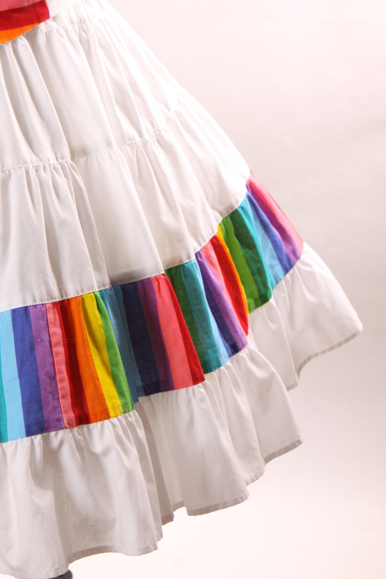 1980s White and Rainbow Print Short Sleeve Button Up Blouse with Matching Square Dance Skirt Two Piece Outfit L image 7