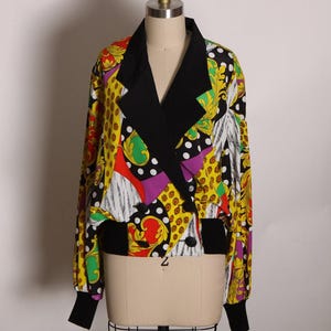 1980s Black, Yellow and Green Multi-Colored Long Sleeve Deep V Button Down Abstract Geometric Blouse by Caron -L