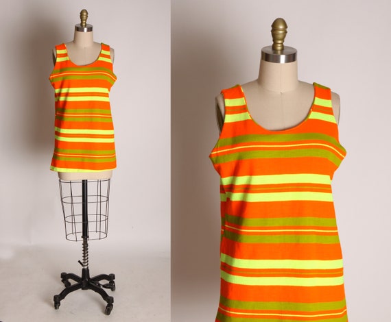 1960s Bright Neon Orange, Yellow and Green Striped