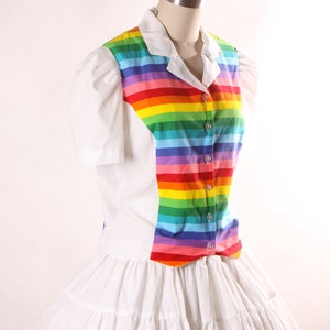 1980s White and Rainbow Print Short Sleeve Button Up Blouse with Matching Square Dance Skirt Two Piece Outfit L image 8