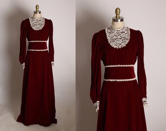 1970s Burgundy and White High Collared Long Sleeve Victorian Style Velvet and Lace Dress -S