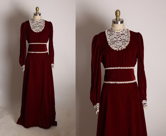 1970s Burgundy and White High Collared Long Sleeve Victorian Style Velvet and Lace Dress -S