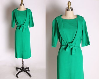 1960s Green Short Sleeve Collared Bodice Belted Waist Formal Cocktail Dress by Leslie Fay Harzfelds -S