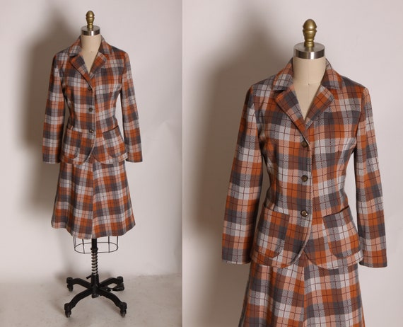 1960s Rust Brown Orange and Gray Plaid Long Sleeve Button Up Jacket with Matching Skirt Two Piece Womens Skirt Suit -M