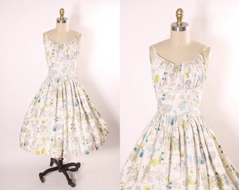 1950s Cream Spaghetti Strap Ruched Bodice Fit and Flare Waist Novelty Floral Flower Illustration Dress -XS