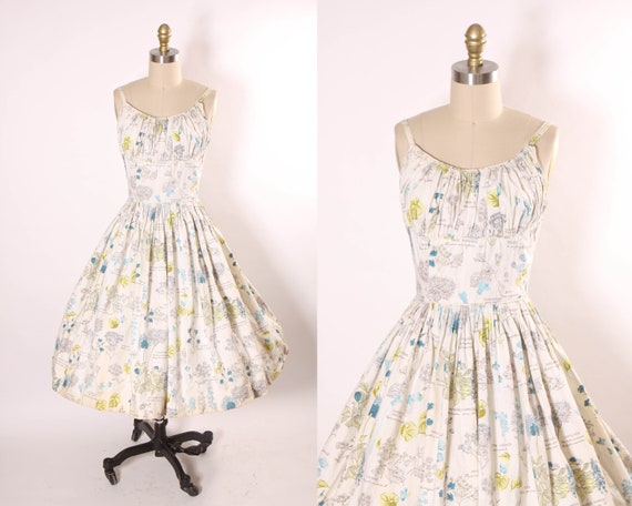 1950s Cream Spaghetti Strap Ruched Bodice Fit and Flare Waist Novelty Floral Flower Illustration Dress -XS