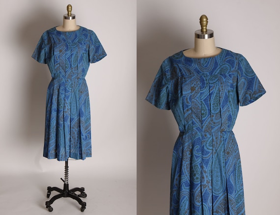 1950s Blue and Brown Paisley Print Pleated Skirt Dress -M