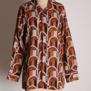 1970s Brown, Orange and Tan Mod Retro Long Sleeve Button Up Blouse L image 2