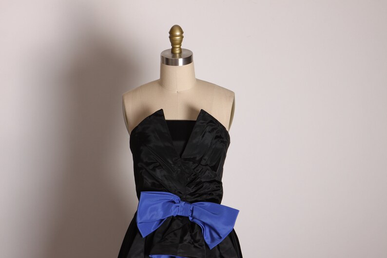 1980s Black and Blue Asymmetrical Strapless High Cut Front Hostess Overskirt Formal Cocktail Dress