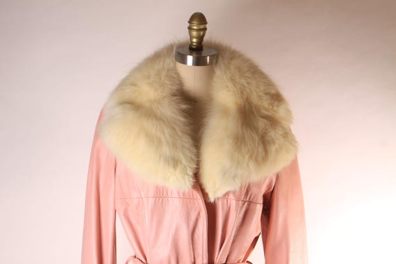 1970s Light Pink Leather Cream Fox Fur Collar Belted Trench Coat