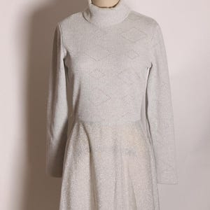 1970s Long Sleeve Turtleneck Full Length Silver Lurex Sweater Dress by Joseph Magnin -S