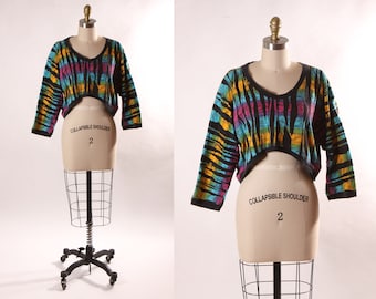 1980s Black and Rainbow Tiger Animal Print Bracelet Sleeve Cropped Pullover Sweatshirt by Contempo Casuals