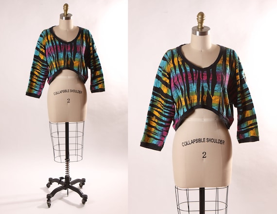 1980s Black and Rainbow Tiger Animal Print Bracelet Sleeve Cropped Pullover Sweatshirt by Contempo Casuals