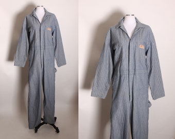 1970s Blue Denim Long Sleeved Subtle Striped Zip Up Front Mechanic Greaser Coveralls by JCPenney’s Big Mac Authentic Workwear -XXL